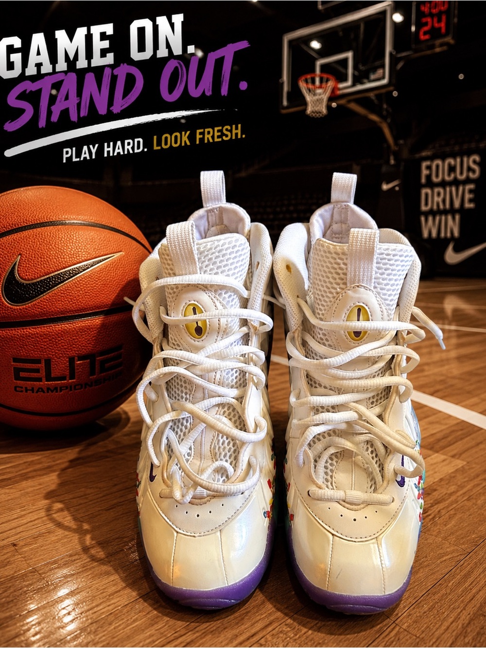 Nike Kids White Sneakers with Purple Soles and Multicolor Accents